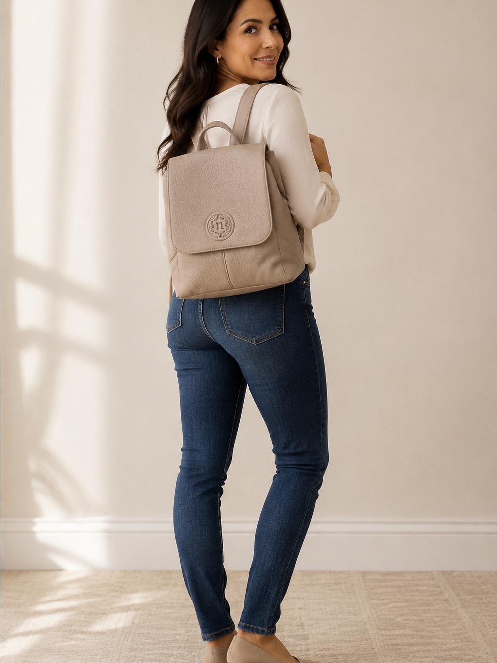 Backpack Purse, Nanette Lepore Taupe Faux Leather.